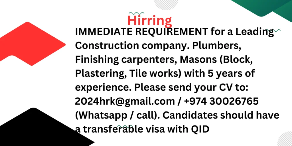  this jobs for plumber, finishing carpenters, masons 