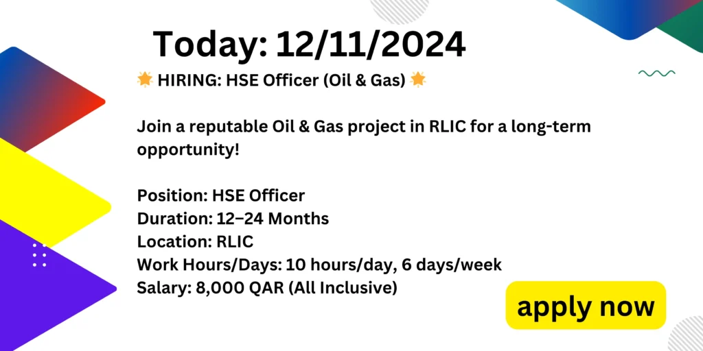 Exciting Eight Opportunities in Qatar. This advertise about hse officer.