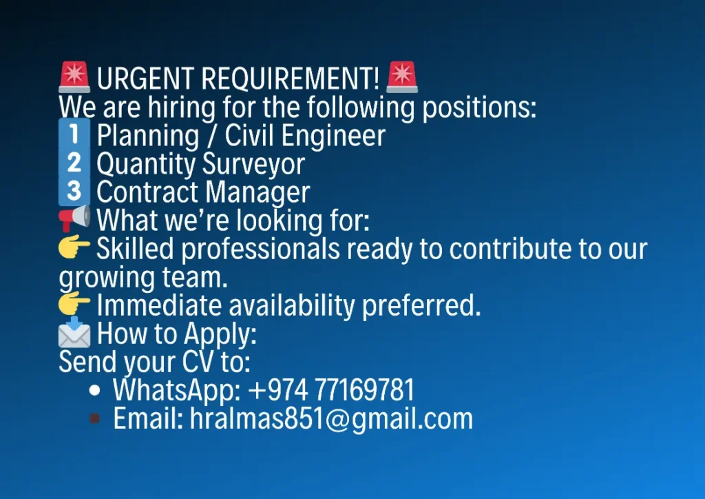 Urgent job vacancies for planning civil engineer, Quantity surveyor, and contract manager.