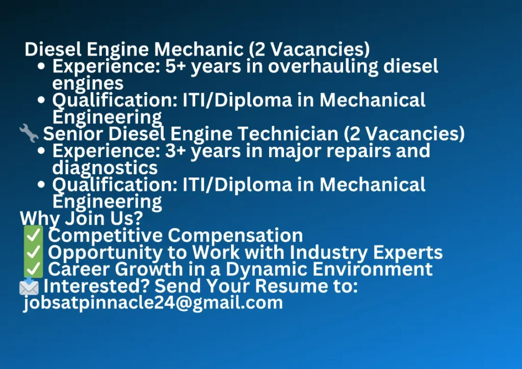 This job is for a Diesel engine mechanic and has multiple job openings across leading industries.
Check and Apply