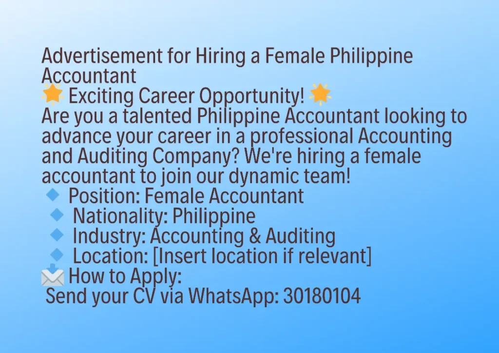 Urgent job vacancies for a female Philippine accountant. 