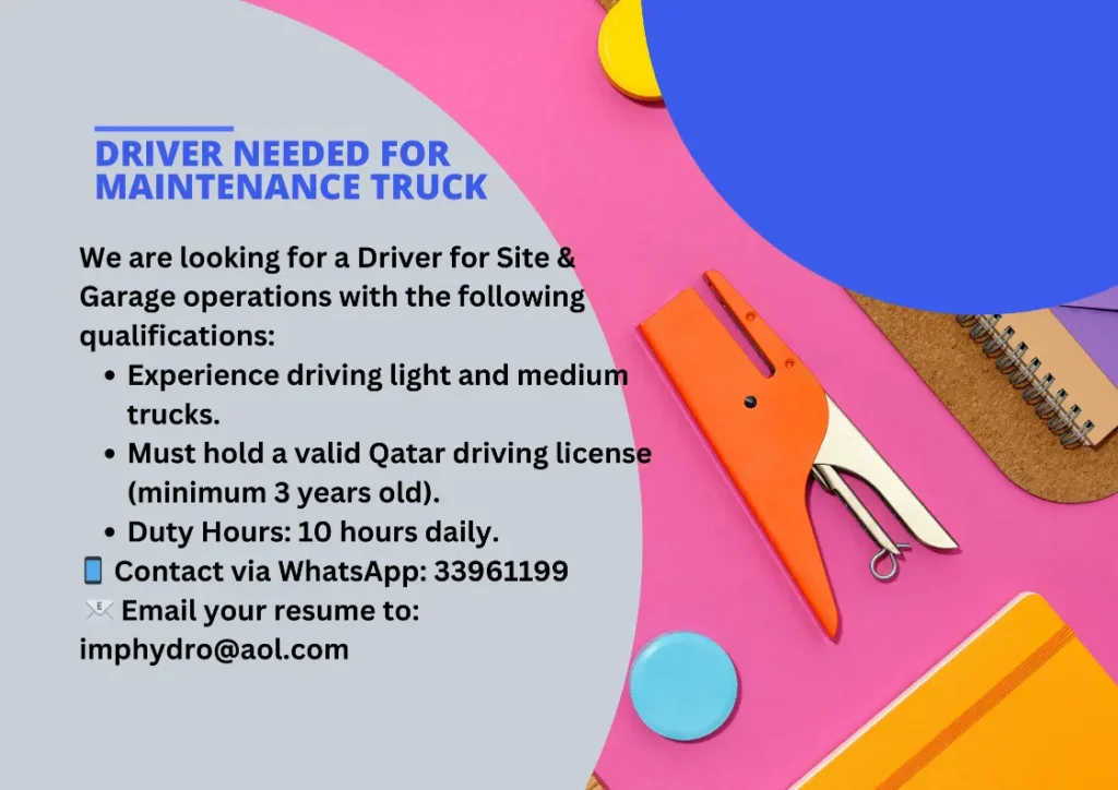 Driver for needed for maintance truck.