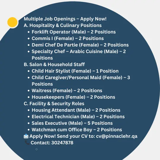 Urgent Hiring in Qatar. Multiple job openings. And there are multiple of jobs.