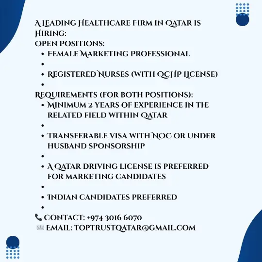 Urgent Job Openings in Qatar & Saudi Arabia. This jobs for a leading healthcare firm.