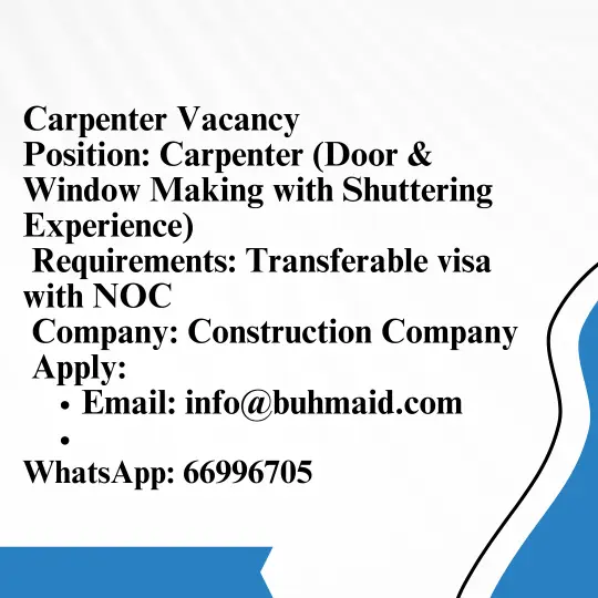Top job vacancies in Qatar. Apply Today for immediate Hiring! This is a job for carpenter vacancy.