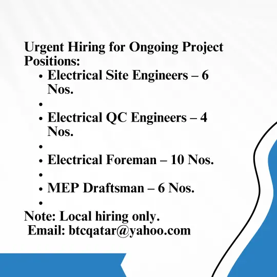 Top job vacancies in Qatar- apply today for immediate Hiring!
This is a job for Urgent Hiring for ongoing project Positions.