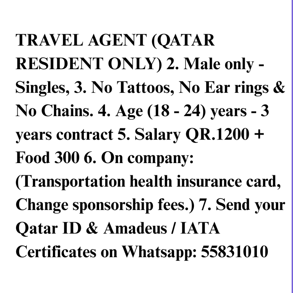 This is a job for a travel agent. Work in Qatar-immediate openings across jobs in Qatar.