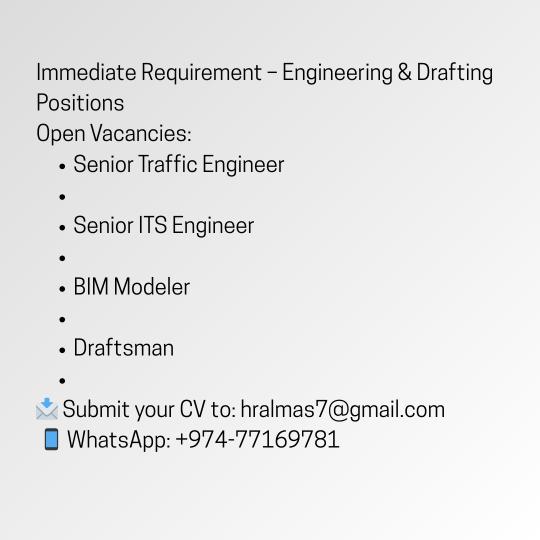 Senior Traffic and many more jobs. 
Urgent Qatar Jobs: Engineers, Draftsmen, HSE & Skilled Roles.